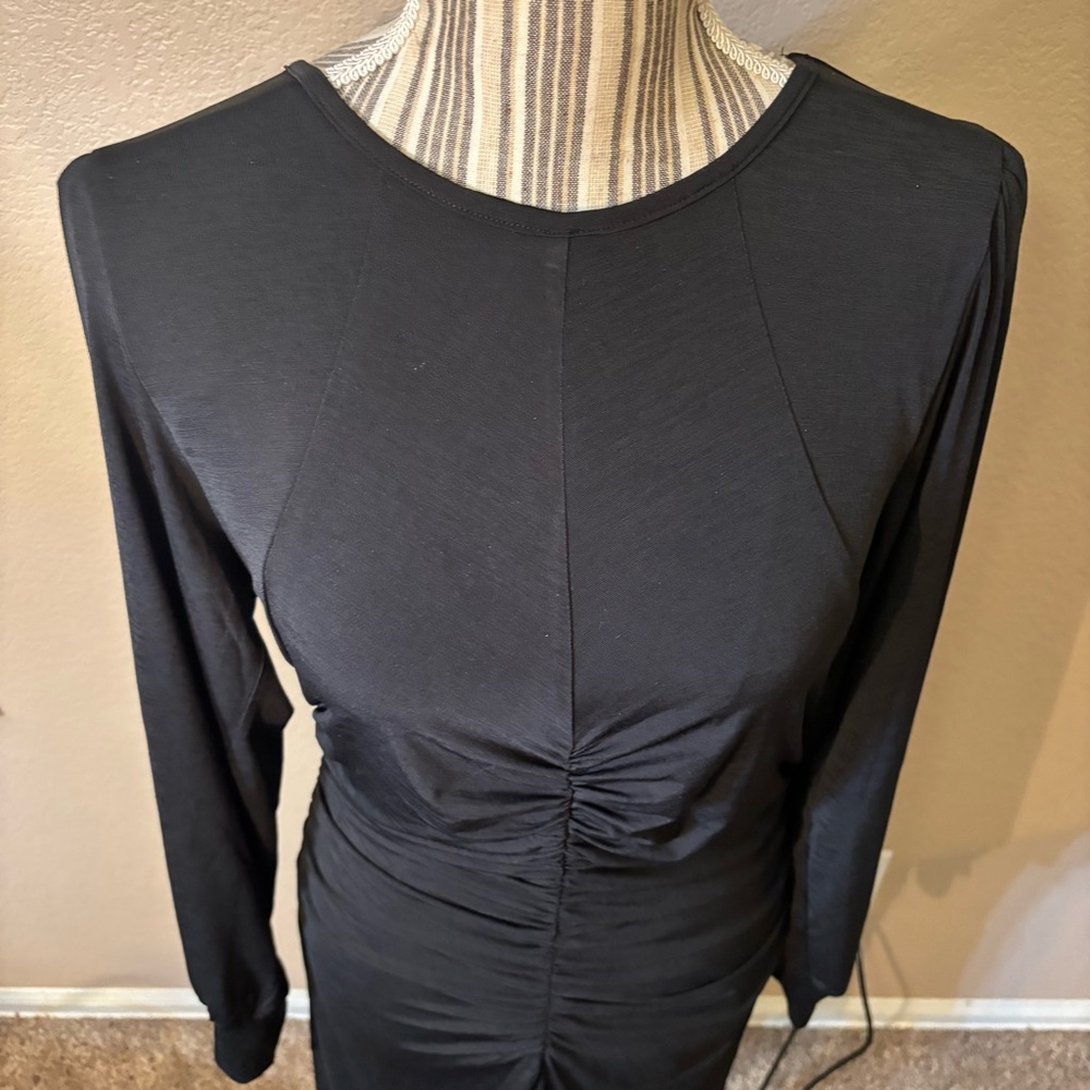 NWT 19 Cooper Dress Large Black Long Balloon Sleeves Ruched Lined Sexy Stretch - Picture 2 of 15